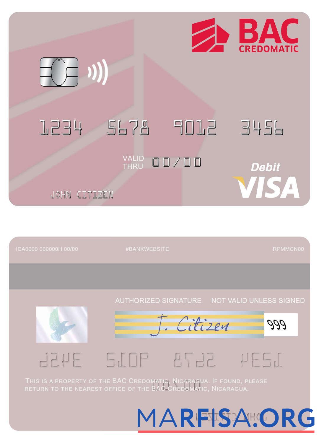Printable Nicaragua BAC Credomatic visa debit card template